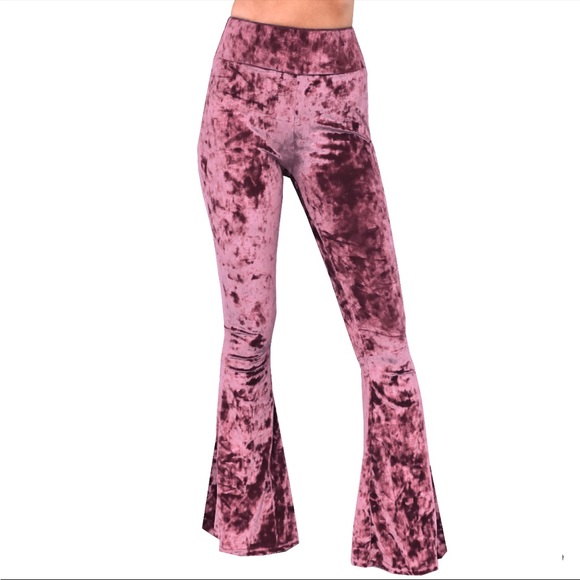 Dusty Rose Crushed Velvet Bell Bottom Flare Pants - Picture 3 of 9